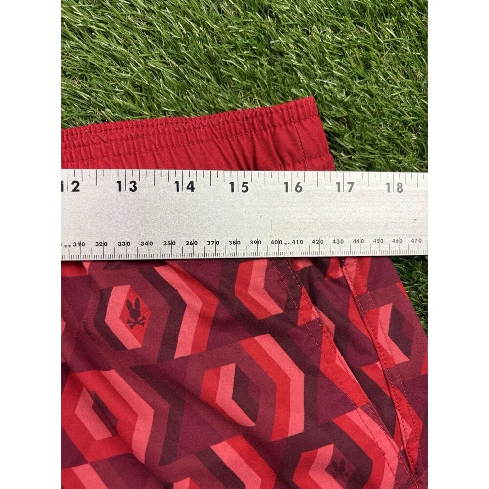 Psycho Bunny Swim Trunks L Geometric Print Red Black Mesh Lined